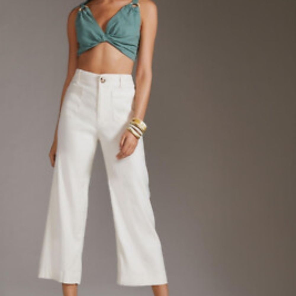 Anthro Maeve White Wide Leg Crop Pants High Rise Size 10 Minimal Chic